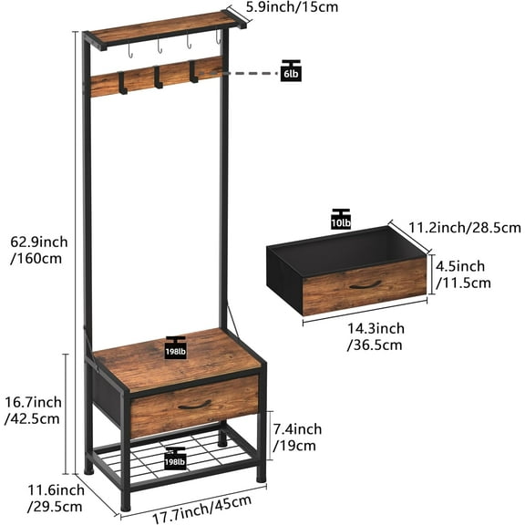 Hall Tree with Shoes Bench, Small Coat Rack with Fabric Drawer and Shelf for Bedroom, 4-in-1 Entryway Organizer with Shoes Stool for Living Room, Entryway, Closets (Rustic Brown)