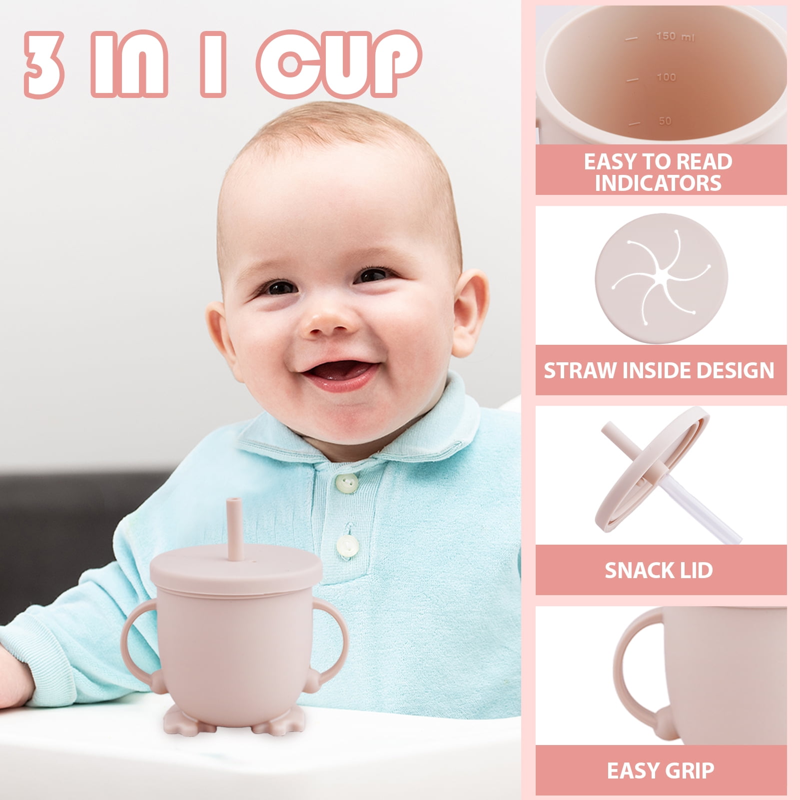 Lumikrypt Silicone Baby Feeding Set, 9 Pcs Baby Led Weaning Utensils, Baby Suction Bowl, Plates, Bib, Spoons Set, Sippy Cup with Straw, Baby Self Feeding Supplies Set (Beige)
