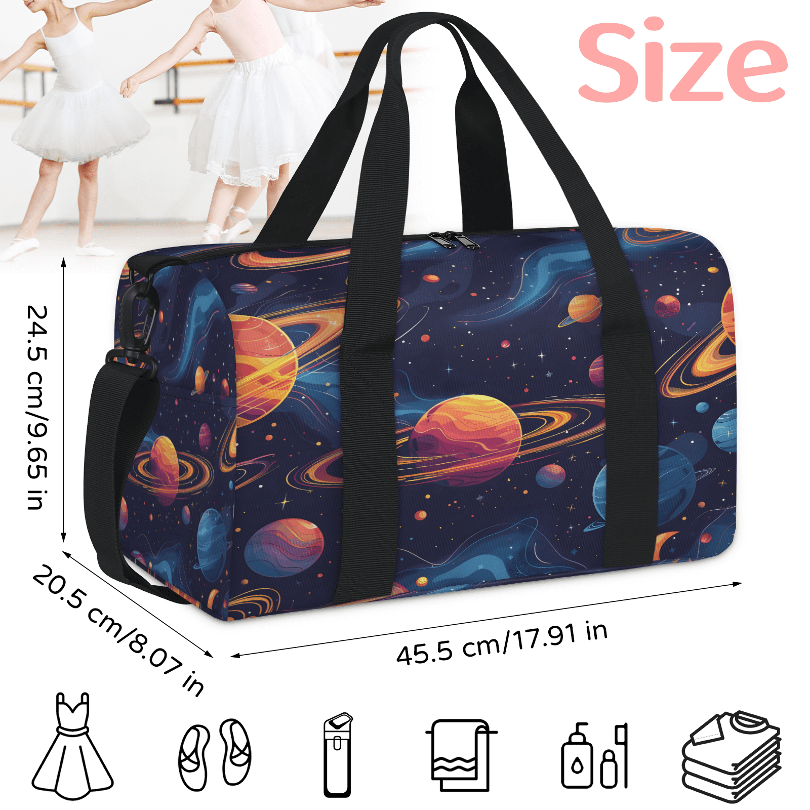 Herdesigns Planet Outer Space Colorful Galaxy Gym Bag for Women, Duffle Bag for Travel Sport, Lightweight Waterproof Carry on Weekender Overnight Dance Yoga Workout Bags