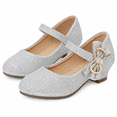 thumbnail image 2 of Silver Glitter Mary Jane Dress Shoes for Girls with Rhinestone Bow Size 13, Little Kids Low Block Heel Princess Party Shoes, 2 of 7