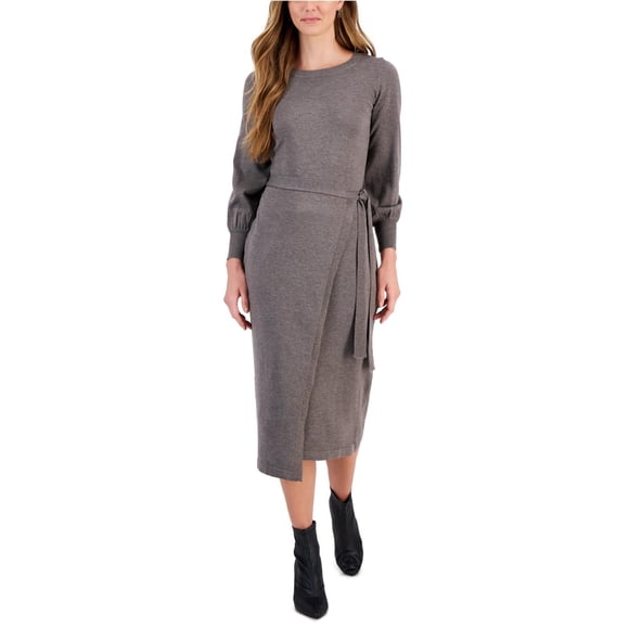 Taylor Womens Knit Puff Sleeve Wrap Sweater Dress, Brown, X-Small
