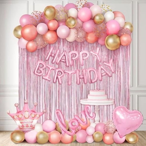 Rose Gold Pink Birthday Party Decorations for Women Girls, Confetti Balloons, Feminine Themed Foil Balloons, Fringe Curtain, Banner, for 16th 30th 40th 50th Birthday Decorations