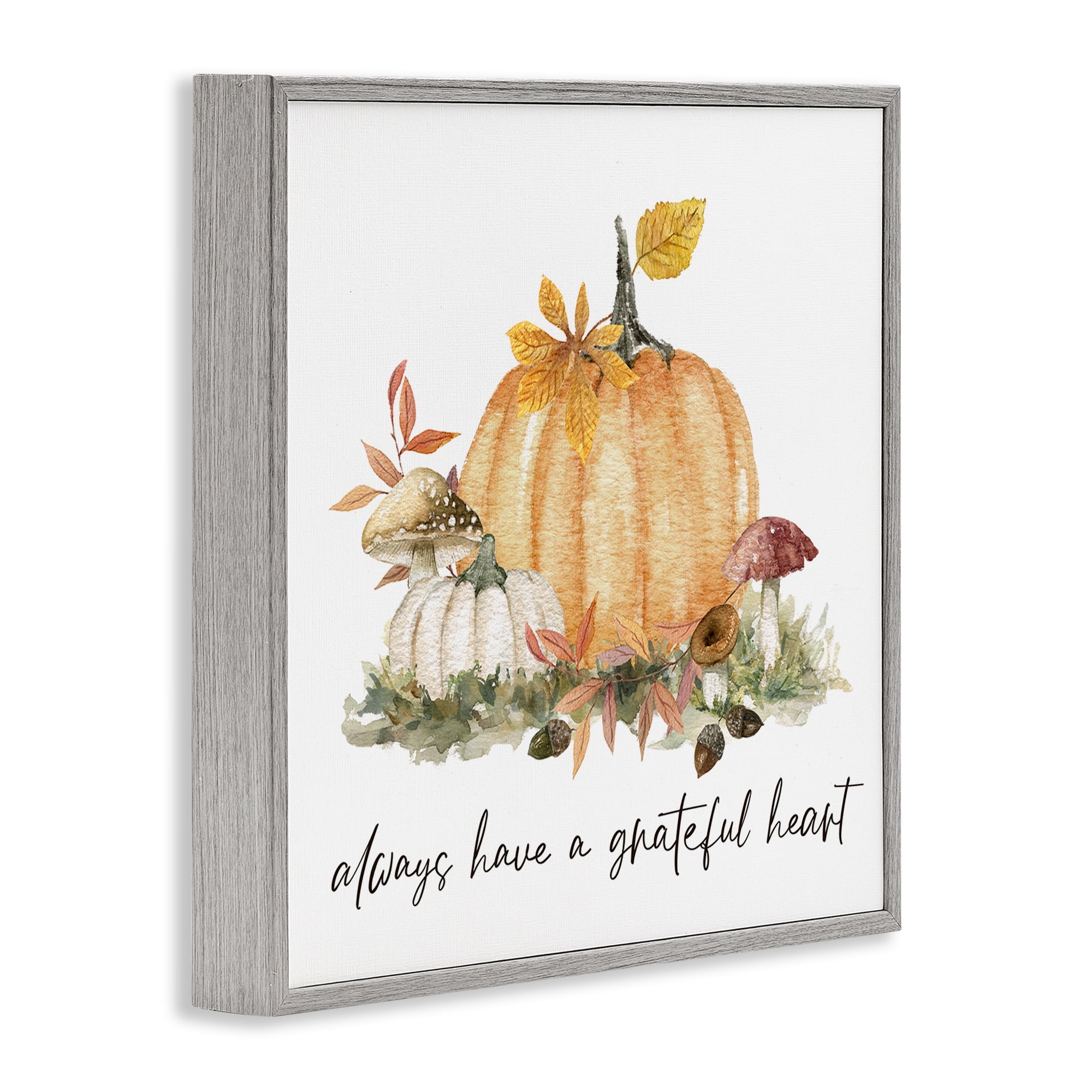 Stupell Industries Grateful Heart Pumpkin Botanical & Floral Painting Gray Framed Art Prints Wall Art, 24 x 24