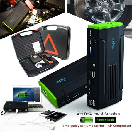 - Indigi® 12800mAh High Capacity Emergency Automotive Jump Starter w/ Hard Case + Tire Inflator Included + USB port