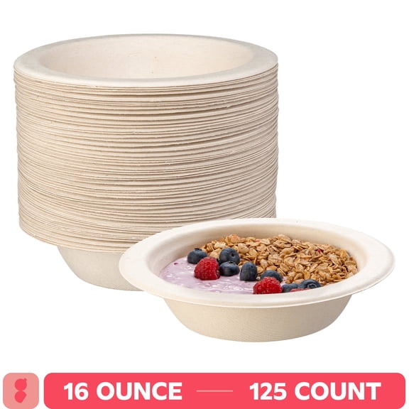 GUSTO 12 oz Compostable Paper Bowls, Eco-Friendly Disposable Kraft Bowls for Soup and Snacks, 125 Count