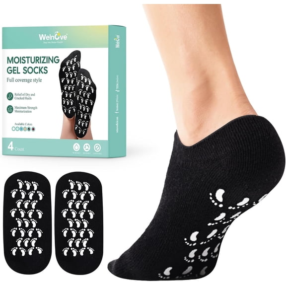 Welnove Moisturizing Silicone Socks for Dry Cracked Feet – 2 Pairs Aloe-Infused Gel Socks, Soft Foot Care For Men & Women, Black (Women 4-7 / Men 5.5-7.5)