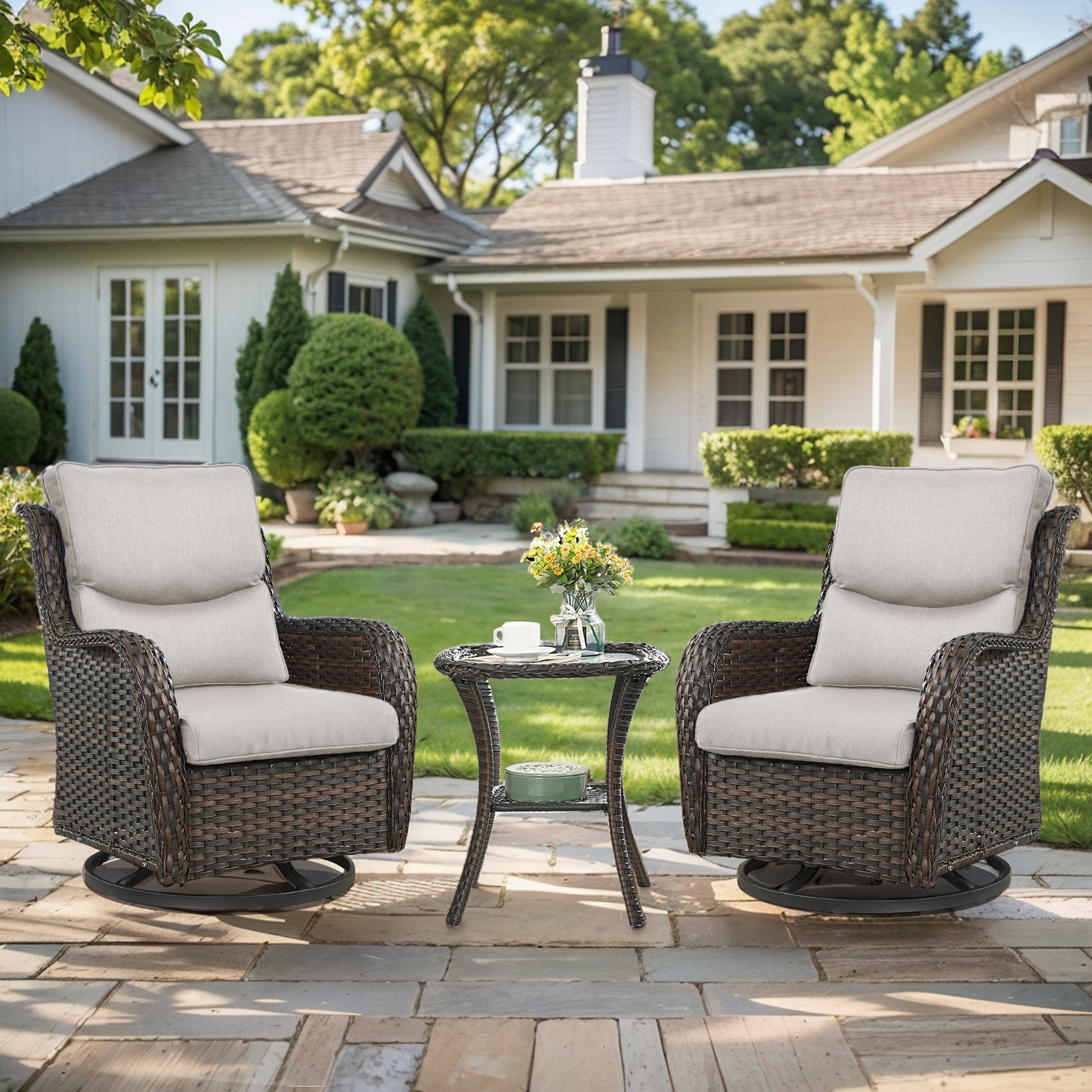 Gymojoy 3 Pieces Patio Furniture Set, Outdoor Swivel Gliders Rocker, Wicker Patio Bistro Set with Rattan Rocking Chair for Backyard,Porch( Beige)