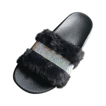 

Wesracia shoe Fashion Womens One Pedal Slipper Open Toe Rhinestone Plush Slippers Flat sandals women shoes for ladies summer