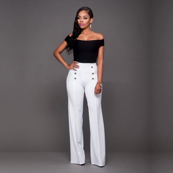 Women's Stretchy High Waisted Wide Leg Button-Down Pants Sailor Bell Flare Trousers