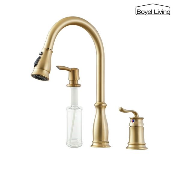 Boyel Living Kitchen Faucet 3-Spray Patterns 1.8 GPM Pull Down Spout,Single Handle Kitchen Sink Faucets with Soap Dispenser in Brushed Gold