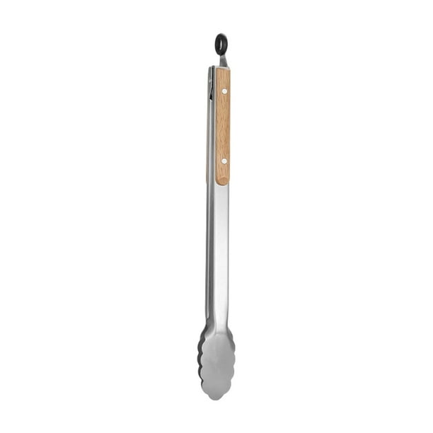 Pinzas de acero inoxidable para alimentos | Mango ergonómico de madera de 44 cm | Agarre antideslizante de alta resistencia | Bordes festoneados para servir pan y bistec | Utensilio de cocina con