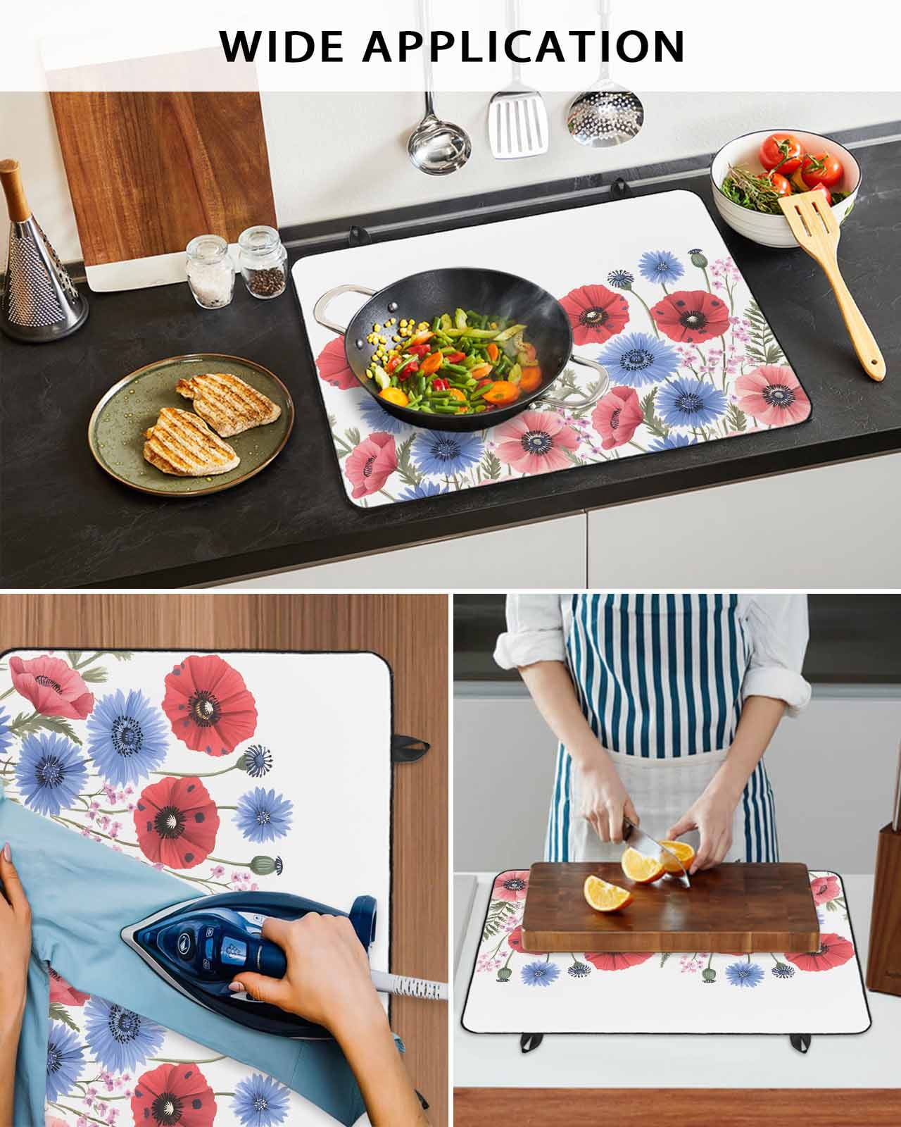 nqOlkjepod Large Induction Cooktop Protector Mat 24"x21", Red Poppy Flower Stove Top Covers for Electric Stove, Blue Pink Floral Botanical Plant Leaf Stove Burner Cover Mats, Glass Top Stove Cover