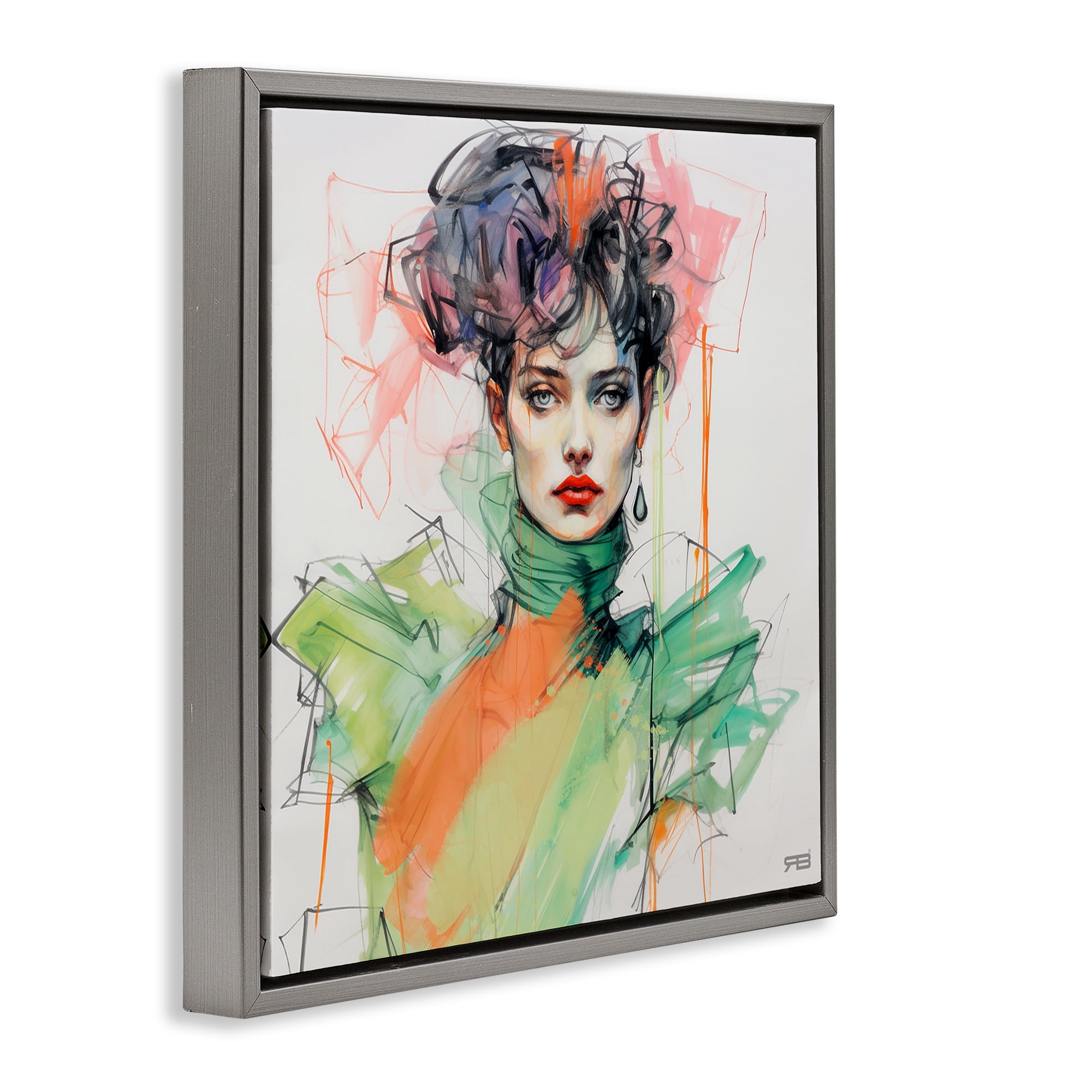Stupell Industries Trendy Glam Portrait People Painting Gray Floater Framed Canvas Art Print Wall Art, 18 x 18