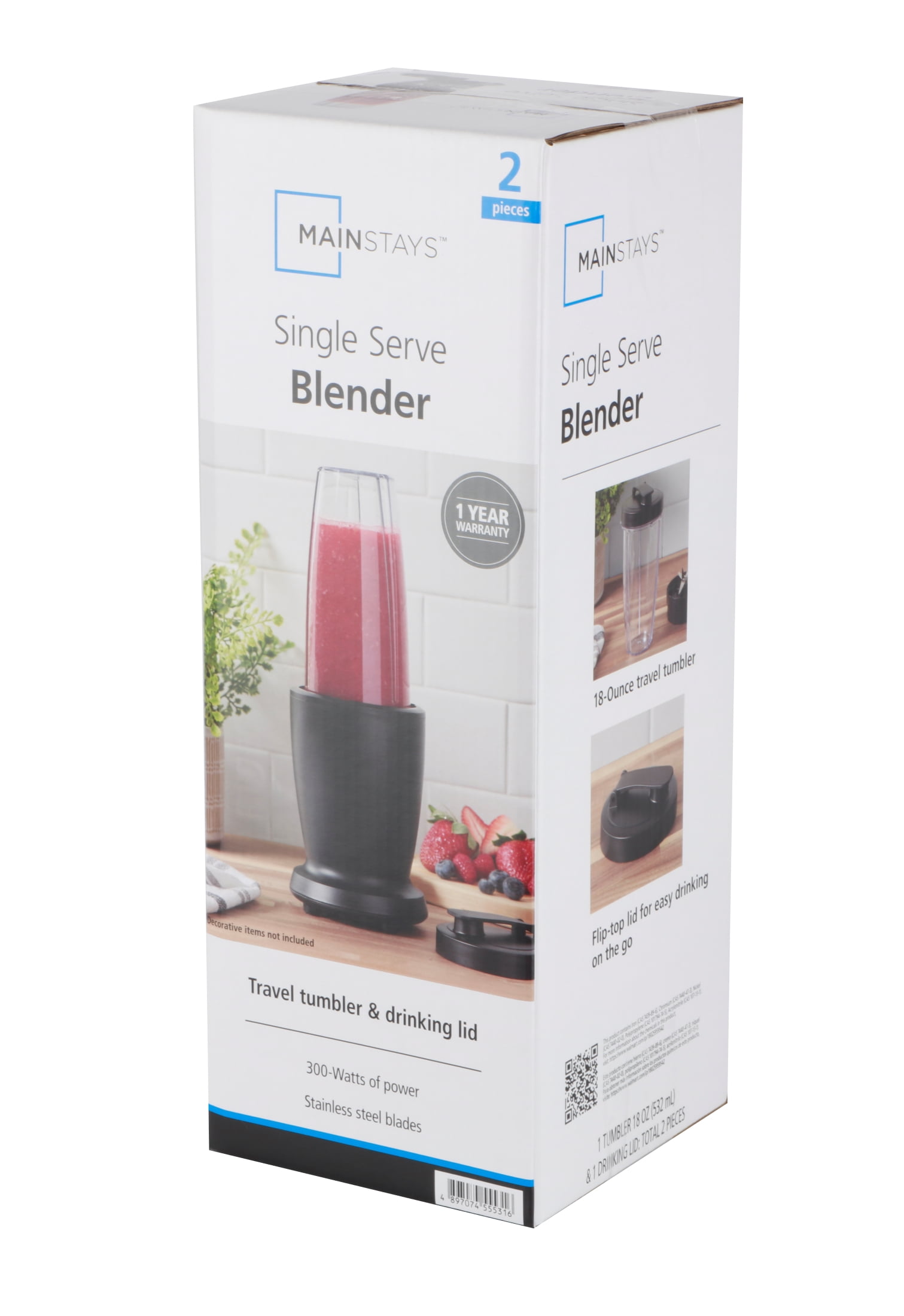 Mainstays Single Serve Blender, Black, 300W, with 1 Tumbler (18oz; AS), 1 Drinking Lid, Stainless Steel Blade