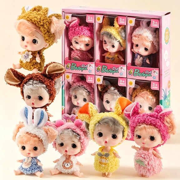 6 Pack 3 Inch Mini Cute Vinyl Doll Set, Fluffy Animal Hat Realistic Small Baby Dolls with Outfits, Pretend Play Toy, Desktop Car Decor Birthday Holiday Gift for Girls Kids Ages 3