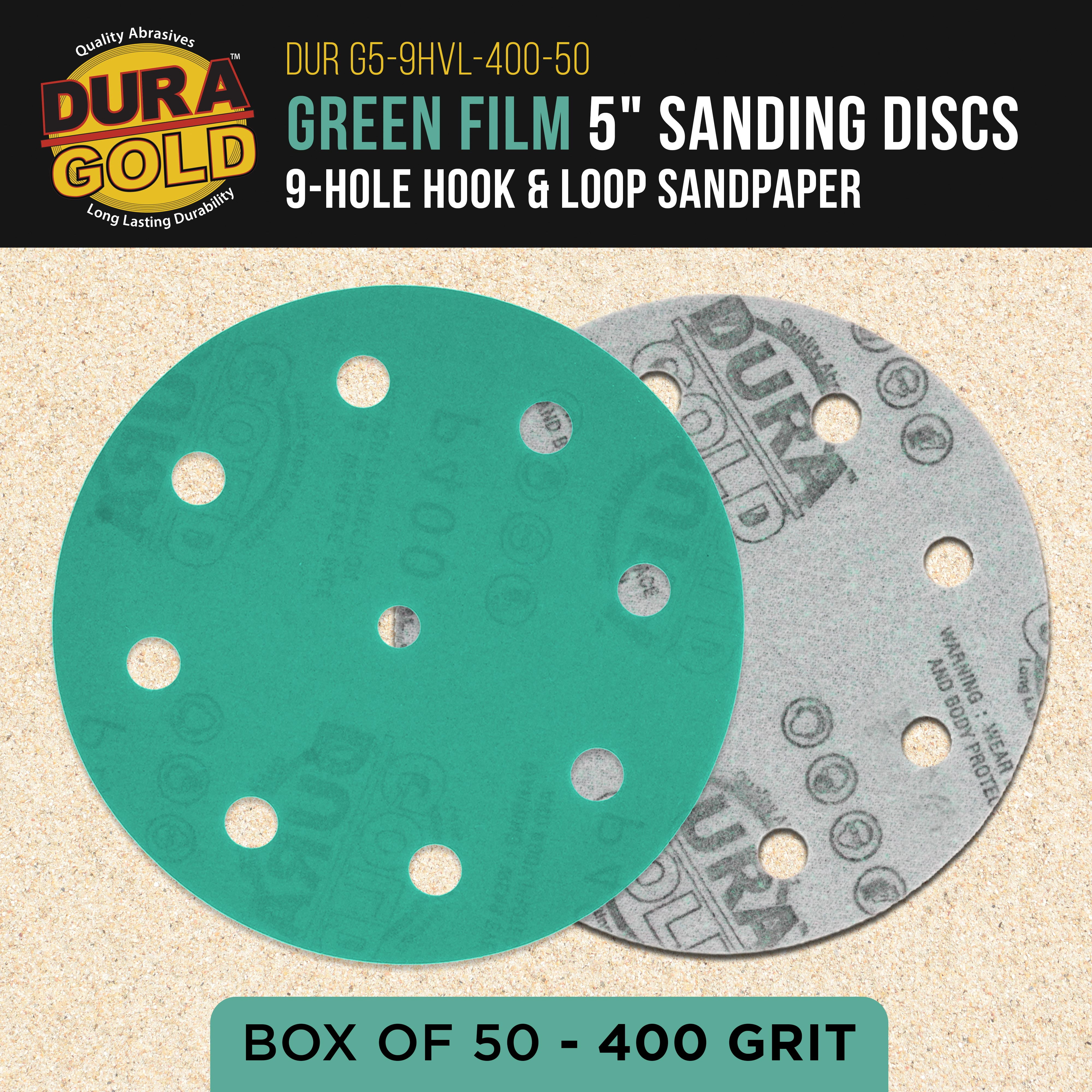 Dura-Gold Premium 400 Grit 5" Green Film Sanding Discs, 9-Hole Pattern, Box of 50 - Heavy-Duty Dustless Hook & Loop Backing Sandpaper for DA & Random Orbital Sanders, Sand Auto Paint, Wood, Furniture