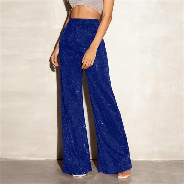 Pincandy Women's Solid Color Fashion Elastic Waist Silver Thread Wide Leg Pants, Loose Fit, Casual & Daily Wear