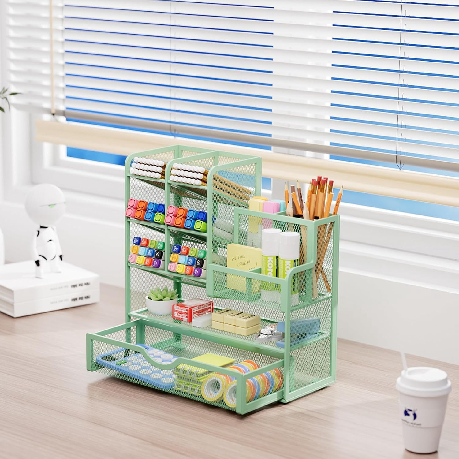 Mesh Pen Holder for Desk, Multi-Functional Pencil Organizer with Drawer, Desk Organizers and Accessories for Office Art Supplies (Green)