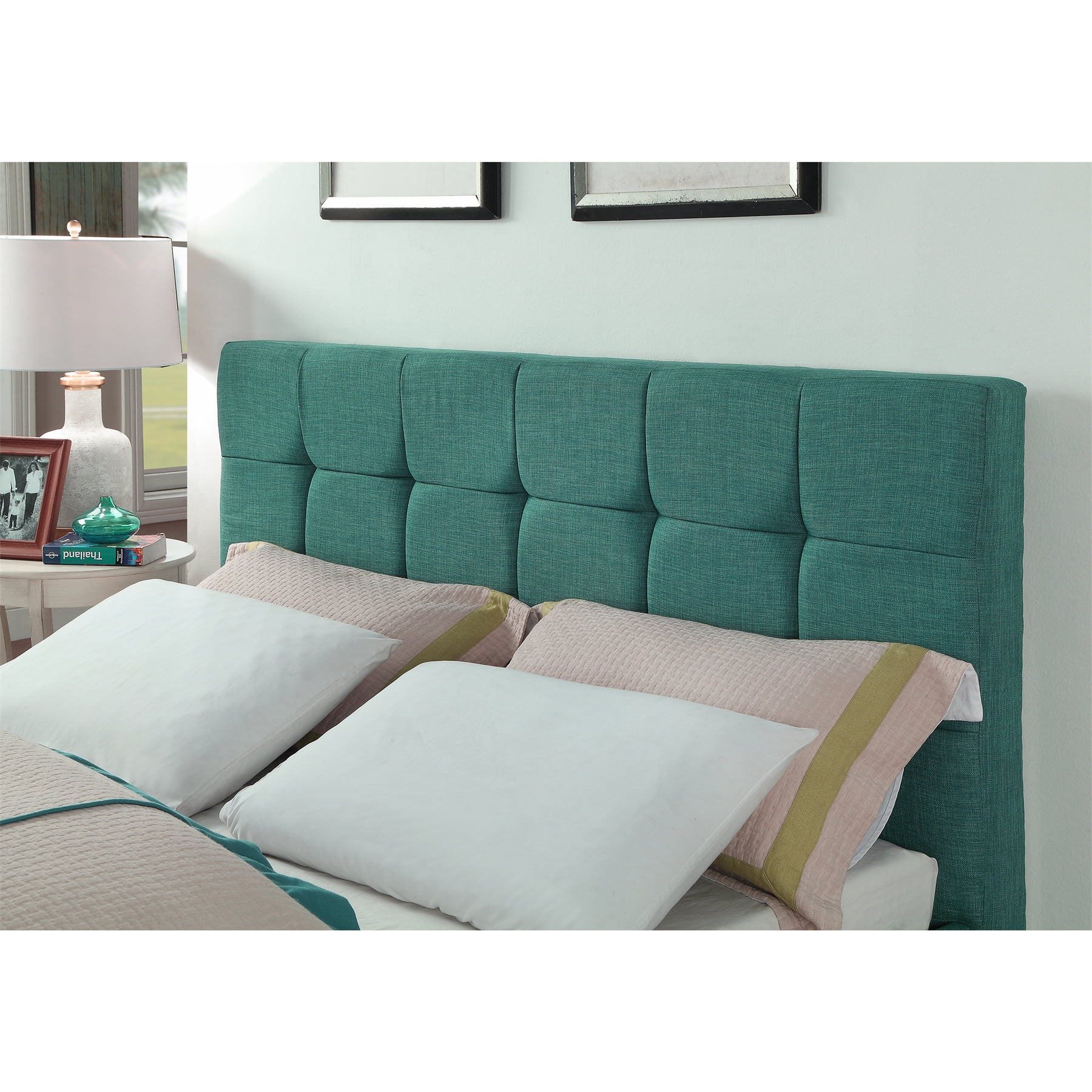 AC Pacific Eastern King Modern Upholstered Square Stitched Platform Bed, Blue