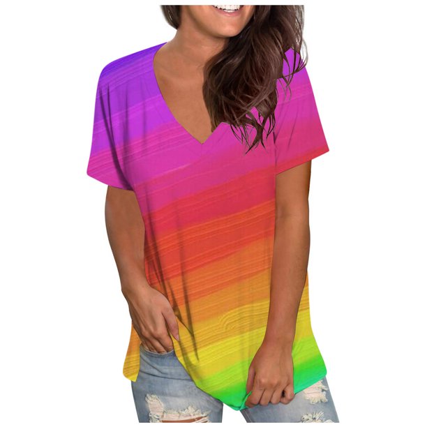 Blusa de camiseta informal con estampado de manga corta y cuello en V de verano para mujer a la moda OAVQHLG3B Store lin121212