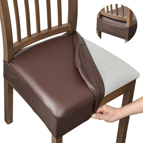 Waterproof PU Seat Covers for Dining Room Chairs Set of 6, Stretch Jacquard Removable Washable Chair Seat Slipcovers Protector, Rear Covers (PU-Coffee)