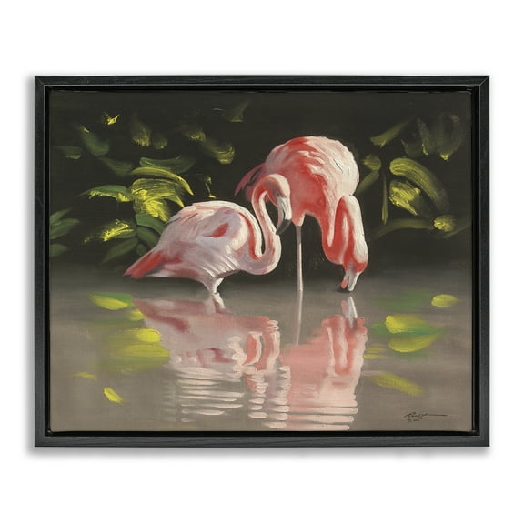 Stupell Industries Flamingos with Pond Reflection Animals & Insects Painting Black Floater Framed Canvas Art Print Wall Art, 21 x 17