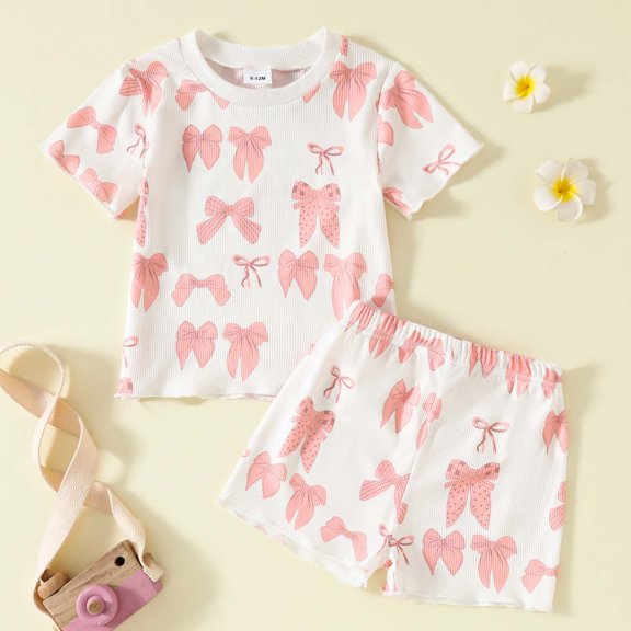 Baby Girl Clothes 6-9 Months Kid Girls Clothes Outfits Cute Sweet Bowknot Print T-Shirt Bowknot Short Summer Clothing Set
