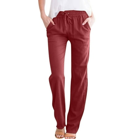 Prdecexlu Linen Pants Women Petite Elastic High Waist Casual Straight Leg Pants Drawstring Summer Solid Color Baggy Beach Trousers with Pockets Wine L