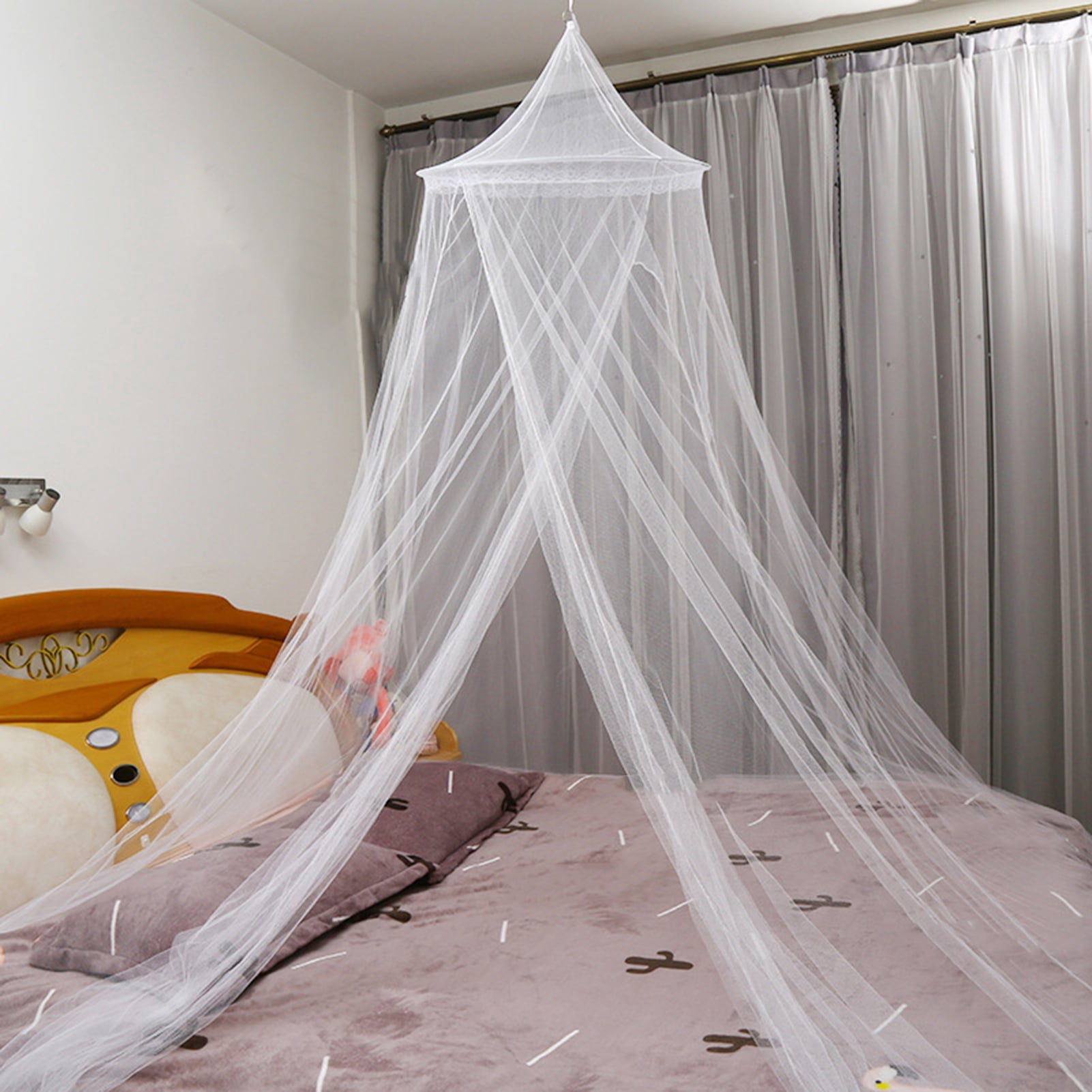 Deyuer Bed Canopy Fine Mesh Breathable See-through Easy Installation Hanging Net Canopy Solid Color Round Dome Princess Girls Bed Curtain Bedroom Decoration