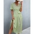 thumbnail image 4 of SWSMCLT Women's Vintage Fall Ruched Cotton Summer Dresses Long Sundress V Neck Short Sleeve Casual Dress Light Green Large, 4 of 4