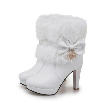 

Fidelma Women s Boots Side Zip Sweet Boots Bow Bare Booties Platform Casual High Boots White 36