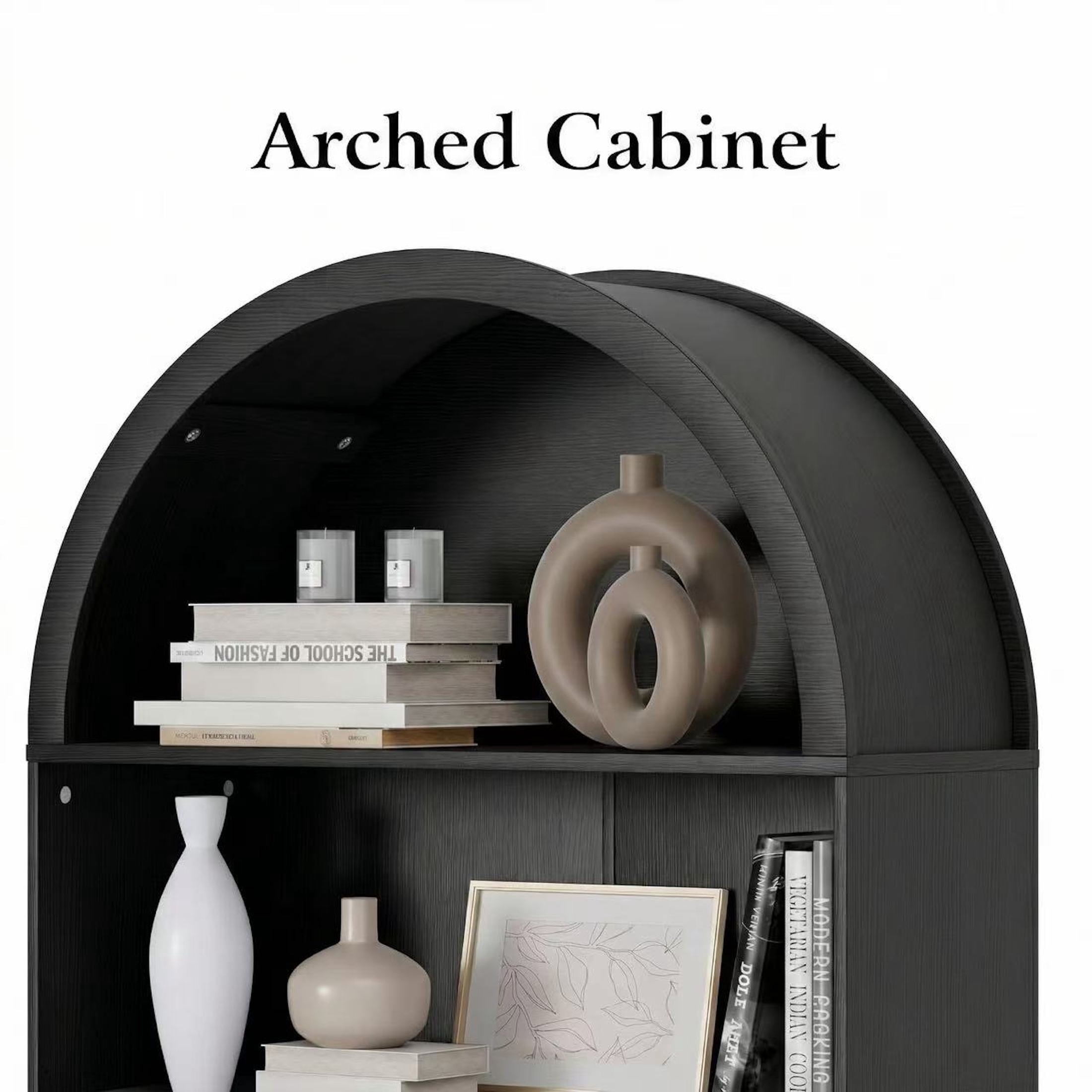 Aisword 71" Tall Arched Bookcases, 5-Tier Modern Farmhouse Bookshelf with Adjustable Shelves & Sliding Doors, Wood Display Storage Cabinet for Living Room, Office, Black