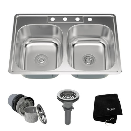 Kraus 33 Inch Topmount 50 50 Double Bowl 18 Gauge Stainless Steel Kitchen Sink With Noisedefend Soundproofing