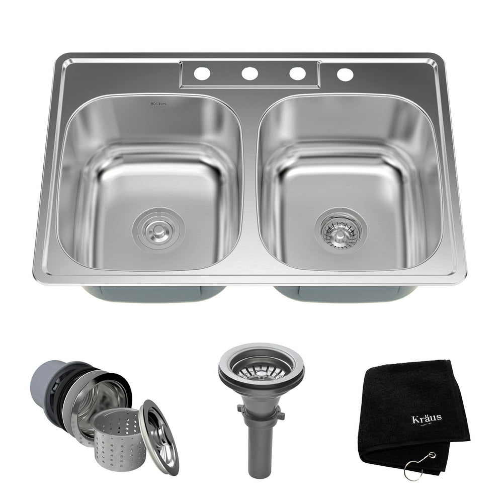 KRAUS 33 Inch Topmount 50/50 Double Bowl 18 Gauge Stainless Steel