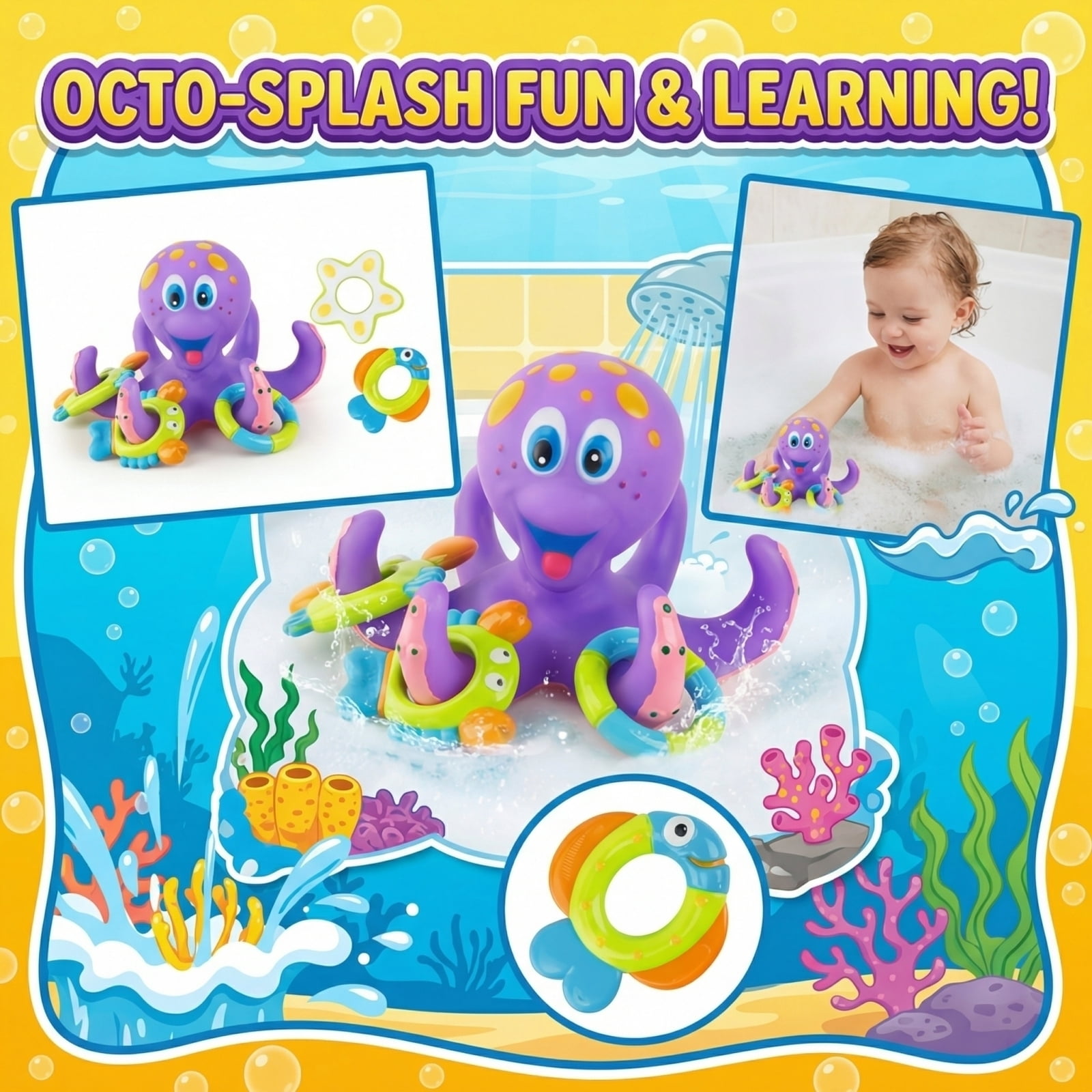 Adorable Floating Octopus Squirter Kids Bathroom Water Play Toy, Toddler Shower Time Distraction Interactive Water Table Play, Non Toxic BPA Free Smooth Floating Sensory Games For Babies