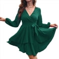 thumbnail image 2 of Vestido Corto de Mujer, Larga, Escote en V Profundo, Cintura con Lazo y Volantes, Estilo . Verde Oscuro XL, 2 of 8