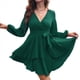 thumbnail image 2 of Vestido Corto de Mujer, Larga, Escote en V Profundo, Cintura con Lazo y Volantes, Estilo . Verde Oscuro S, 2 of 8