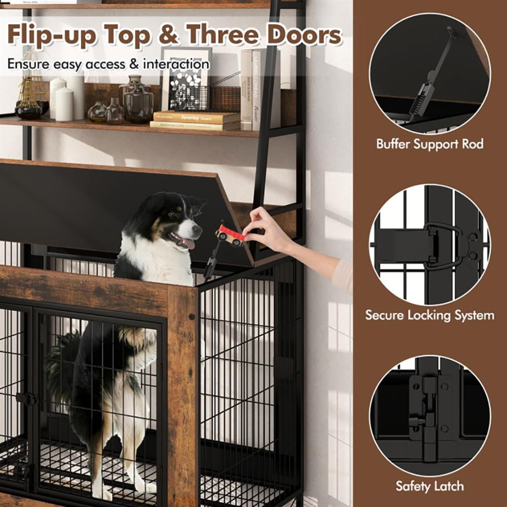 Barara King Dog House,Pet House,Industrial Dog Kennel Dog Crate Furniture with Storage Shelves-Rustic Brown