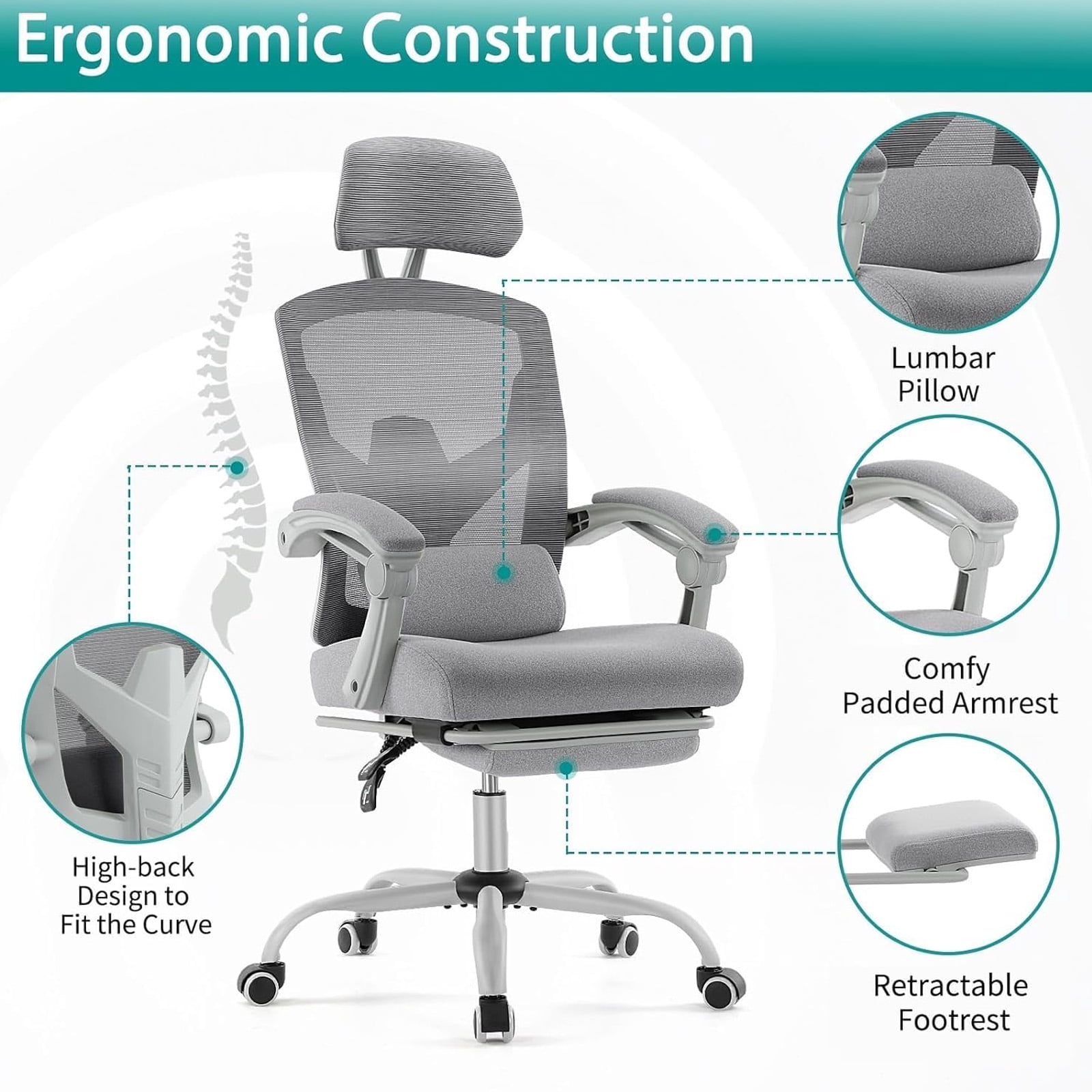 Casabay Ergonomic Home Office Desk Chair, High Back Mesh Reclining Swivel Chair with Footrest & Armrest for Back Pain Relief, Gray