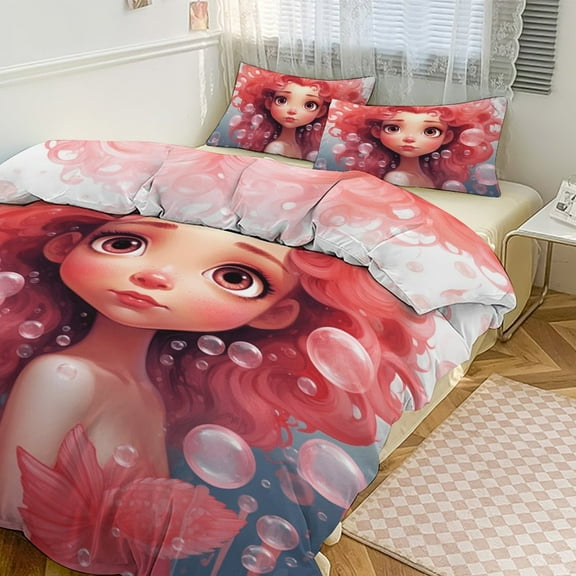 Ocean Mermaid Coral Bedding Set with Zipper Closure for Girls & Boys