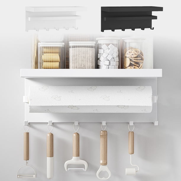 Estantería magnética para cocina | Estantería lateral multifuncional de frigorífico, plancha, blanca, 25x10x11,5cm | Soporte para papel de cocina, organizador de tarros de condimentos, ganchos