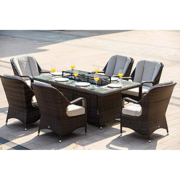 Patio Furniture 6 Seat Rectangular Gas, Wicker Patio Set With Fire Pit Table
