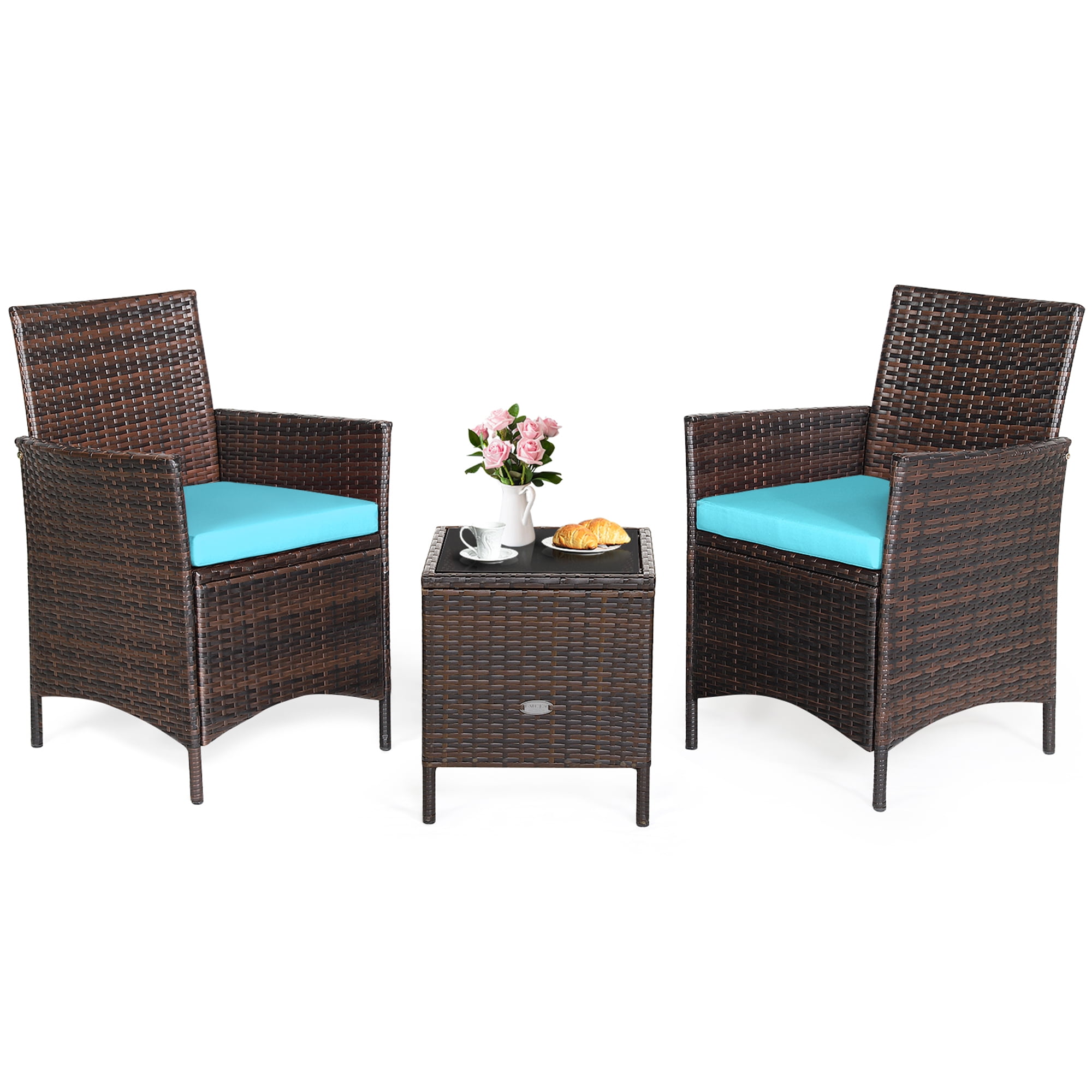 Gymax 3PCS Outdoor Rattan Conversation Set Patio Furniture Set w/ Blue Cushions