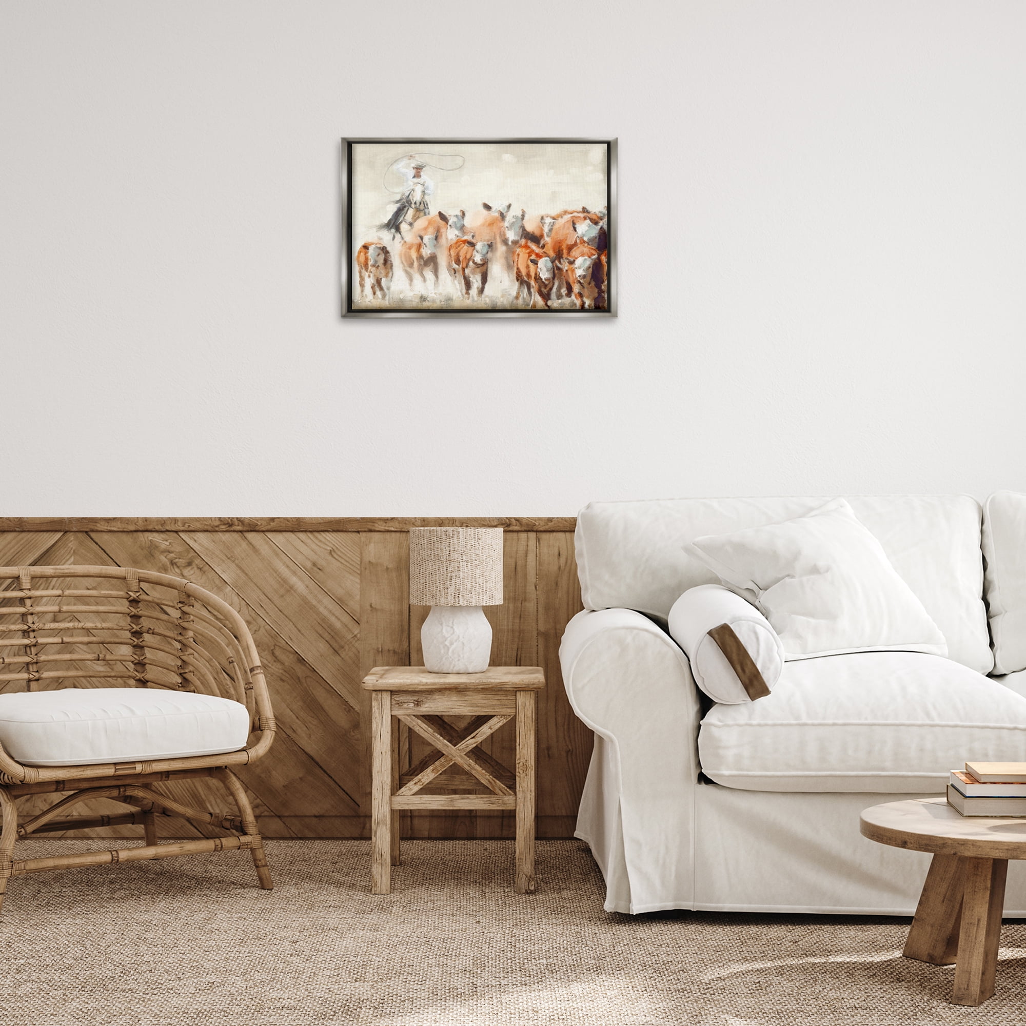 Stupell Industries Cowboy Cattle Roundup Animals Painting Gray Floater Framed Canvas Art Print Wall Art, 25 x 17