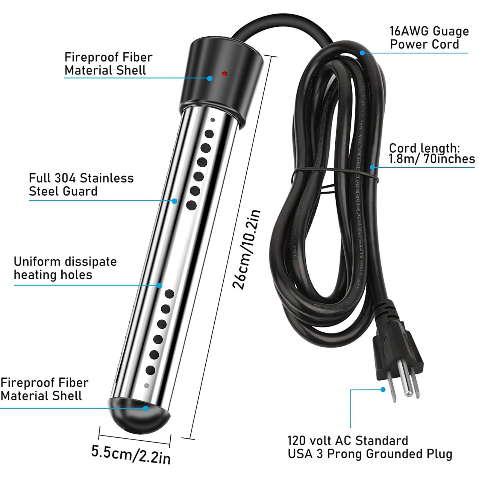 Portable Water Heater Rod for Bath – Fast Heating Immersion Heater Stick with Safety Protection for Home and Outdoor Use