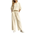 thumbnail image 2 of Uootdi Women's 2 Piece Matching Lounge Set Puff Sleeve Peter Pan Collar Button Top Drawstring Wide Leg Linen Pants Set with Pockets, 2 of 7