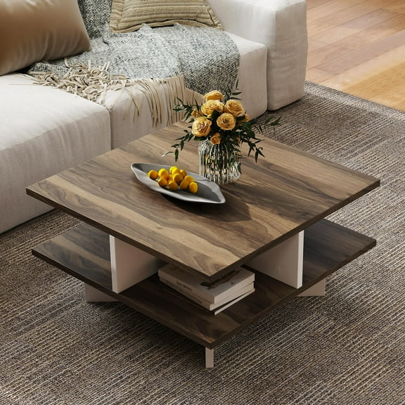 Wqmh Square Coffee Table, Mid Century Modern Center Table with 4 Storage Compartments & Cross-Shape Base, 24 Inch Farmhouse Coffee Tables for Living Room (Walnut)