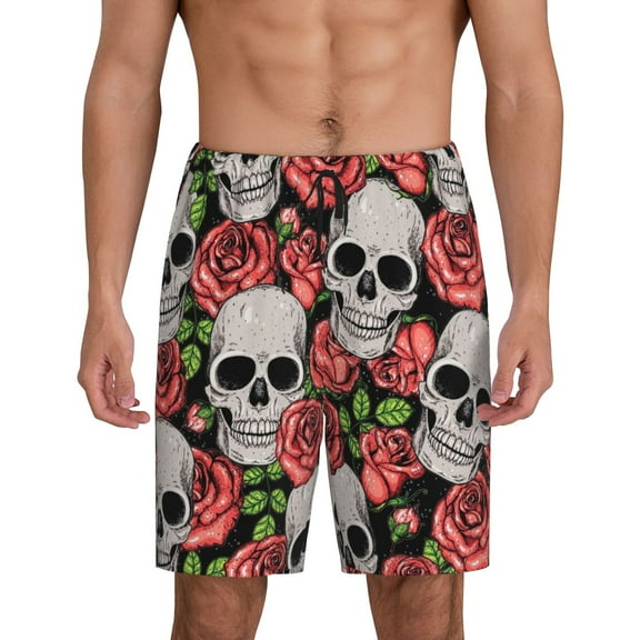 Kdxio Skull and Roses Print Mens Sleep Shorts Bottoms Soft Comfy Pajama Wear Pants with Drawstring Pockets