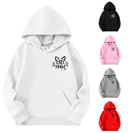 SONXAHE Toddler Girl s Cat Mom Ear Paw Printed Hoodie Long Sleeve Casual Pullover Pet Hooded Sweatshirt White