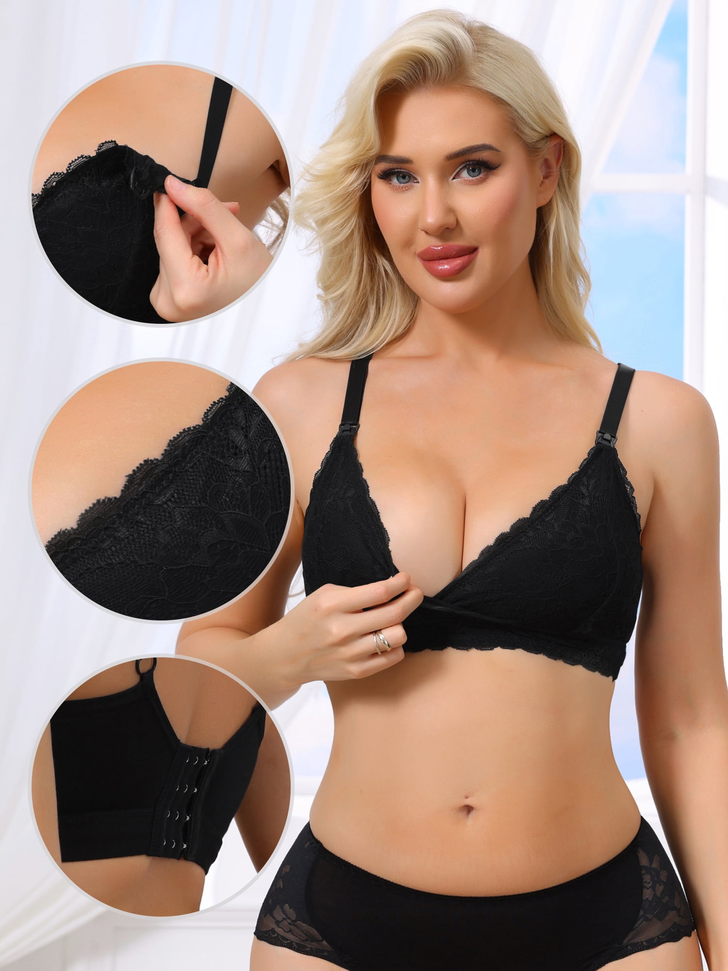 DARING DIVA Women's Lace Breastfeeding Wireless Soft Cup Nursing Bras M Black